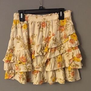 American Eagle Outfitters Asymmetrical Floral Ruffle Skirt - Cream and Yellow